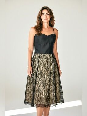 Ann Taylor Silk Lace Dress Black Nude Fit & Flare Spaghetti Strap Cocktail 8 NWT